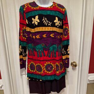 Willy's New York Vintage 80s Batik Ikat Elephant Floral Dress Art Boho Sz 12